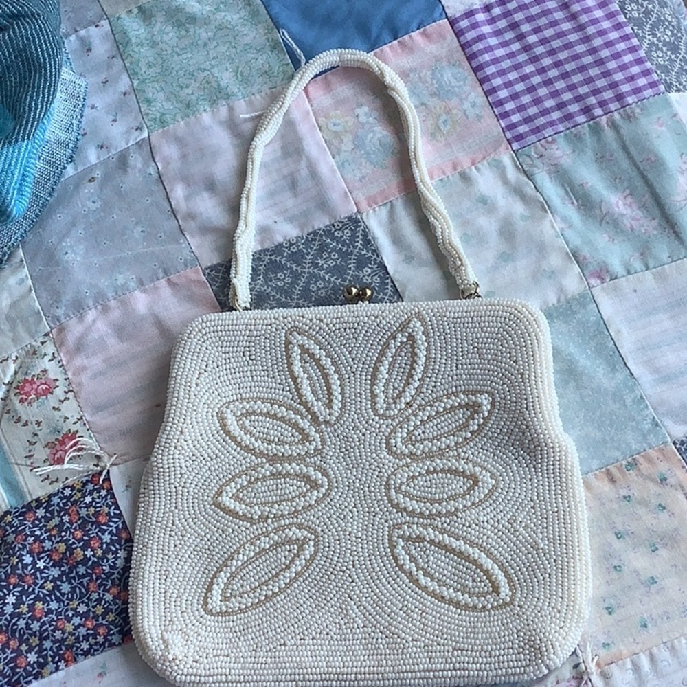 Vintage White Beaded Bead Evening Cocktail Purse Handbag Bag Purse
